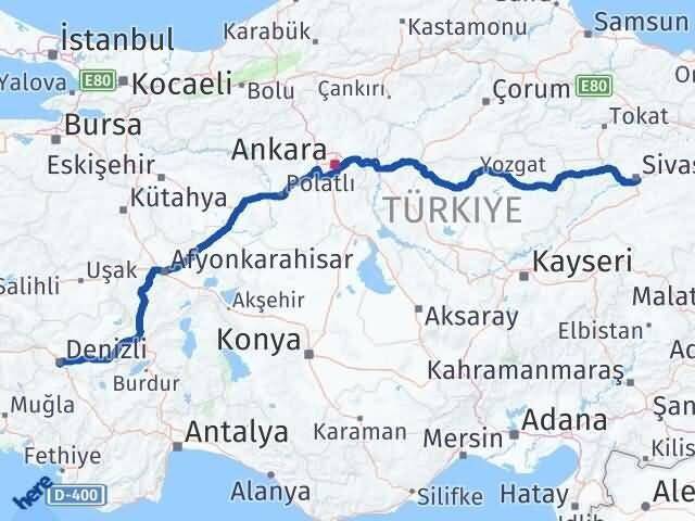 Denizli Merkezefendi Sivas Arası Kaç Km - Yol Haritası