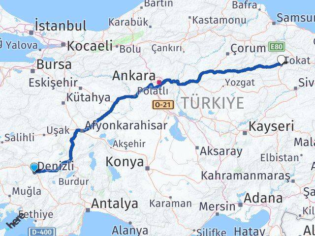 Denizli Merkezefendi Tokat Arası Kaç Km - Yol Haritası