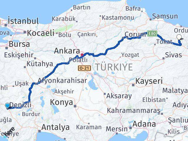 Denizli Mesudiye Ordu Arası Kaç Km - Yol Haritası