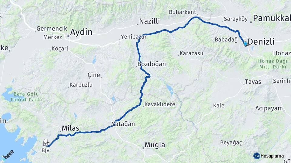 Denizli Milas Bodrum Havalimanı Arası Kaç Km - Yol Haritası
