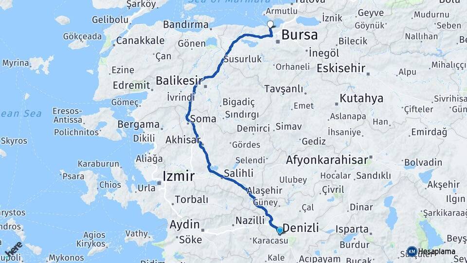 Denizli Mudanya Bursa Arası Kaç Km - Yol Haritası