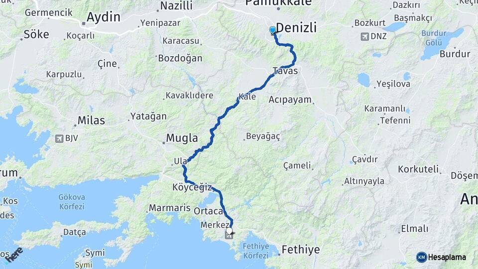 Denizli Muğla Dalaman Havalimanı Arası Kaç Km - Yol Haritası