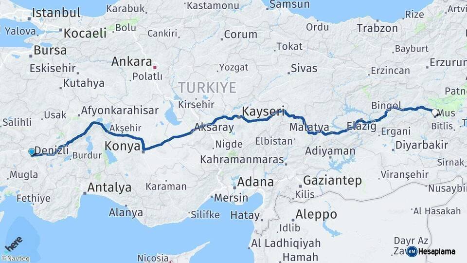 Denizli Muş Arası Kaç Km - Yol Haritası