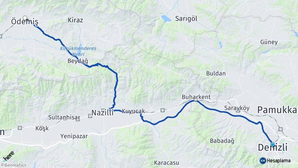 Denizli Ödemiş İzmir Arası Kaç Km - Yol Haritası
