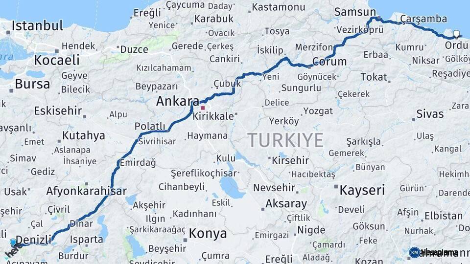Denizli Ordu Arası Kaç Km - Yol Haritası