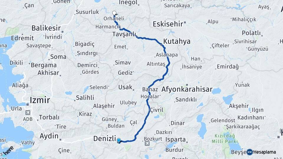 Denizli Orhaneli Bursa Arası Kaç Km - Yol Haritası