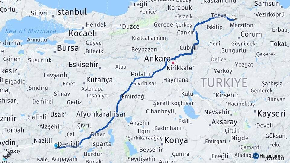 Denizli Osmancık Çorum Arası Kaç Km - Yol Haritası