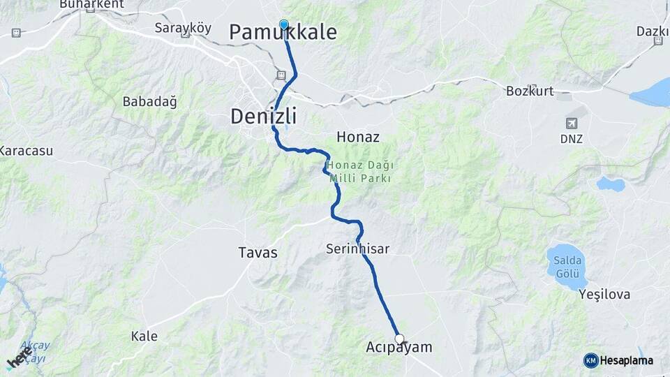 Denizli Pamukkale Acıpayam Arası Kaç Km - Yol Haritası