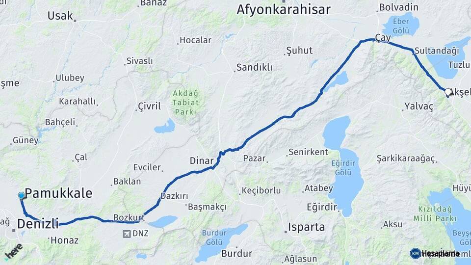 Denizli Pamukkale Akşehir Konya Arası Kaç Km - Yol Haritası