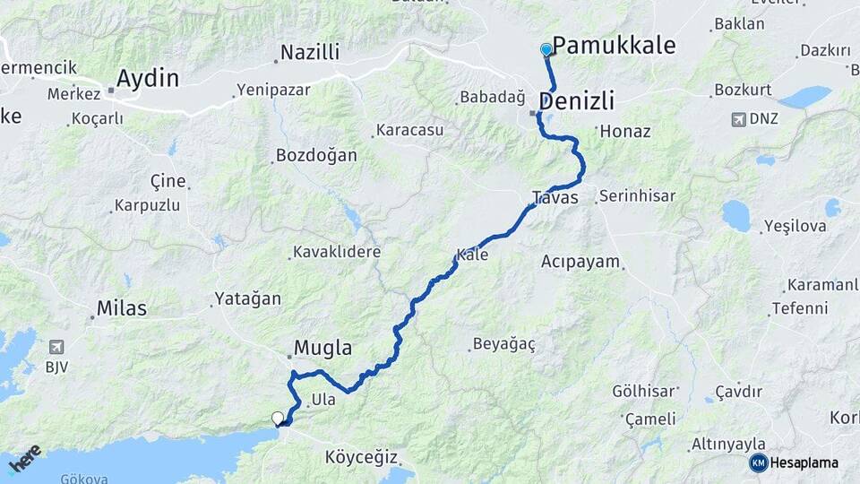 Denizli Pamukkale Akyaka Ula Muğla Arası Kaç Km - Yol Haritası