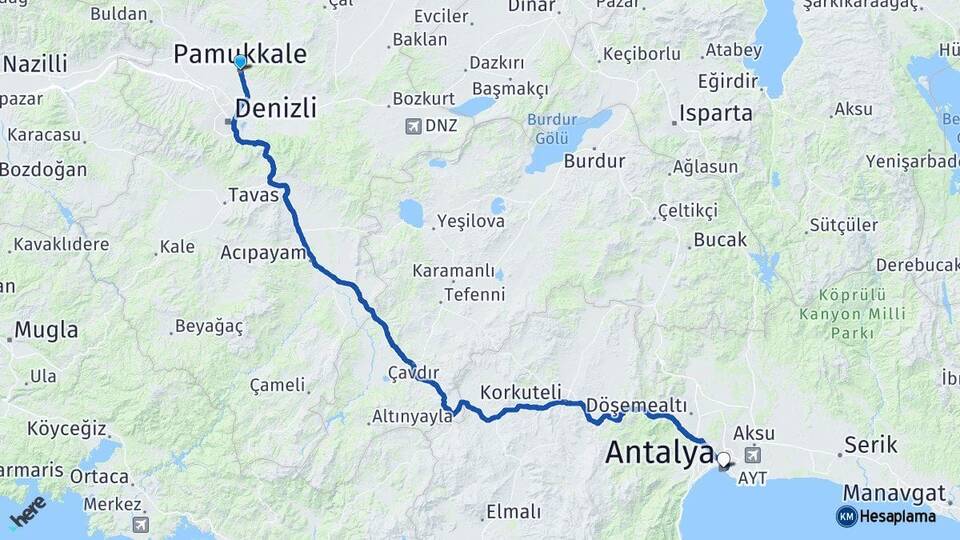 Denizli Pamukkale Antalya Arası Kaç Km - Yol Haritası