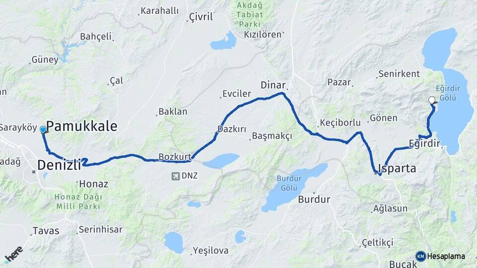 Denizli Pamukkale Barla Eğirdir Isparta Arası Kaç Km - Yol Haritası