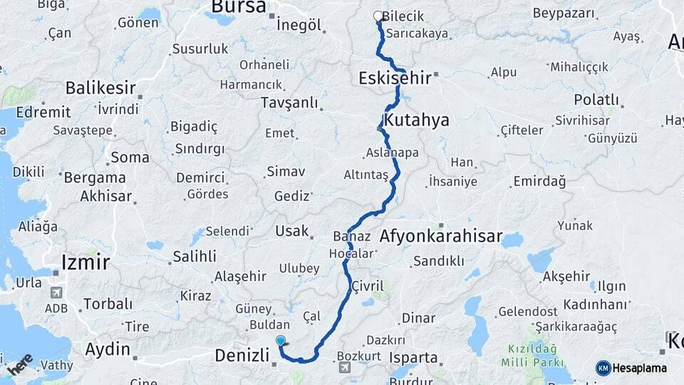 Denizli Pamukkale Bilecik Arası Kaç Km - Yol Haritası