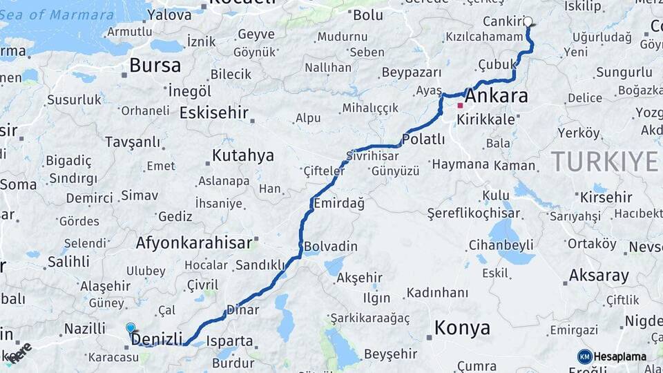 Denizli Pamukkale Çankırı Arası Kaç Km - Yol Haritası