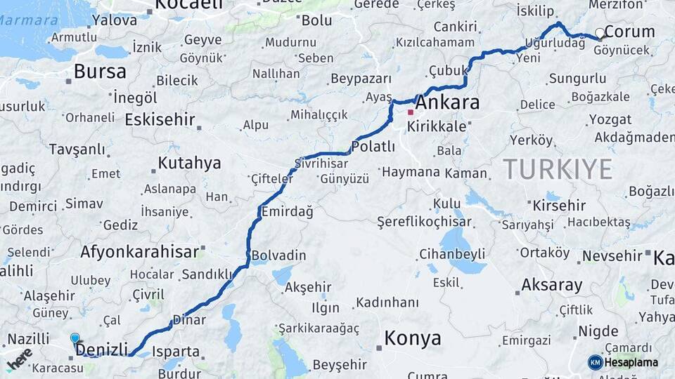 Denizli Pamukkale Çorum Arası Kaç Km - Yol Haritası