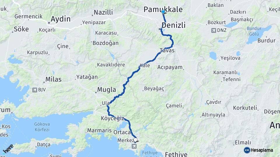 Denizli Pamukkale Dalaman Muğla Arası Kaç Km - Yol Haritası