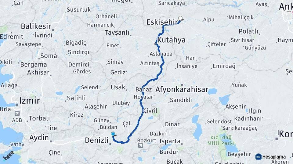 Denizli Pamukkale Eskişehir Arası Kaç Km - Yol Haritası
