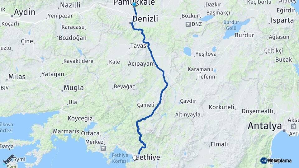 Denizli Pamukkale Fethiye Muğla Arası Kaç Km - Yol Haritası