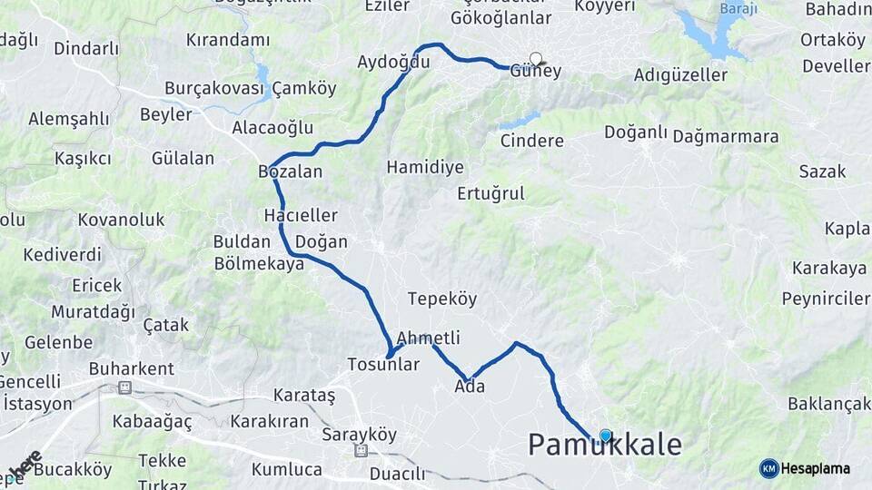 Denizli Pamukkale Güney Arası Kaç Km - Yol Haritası