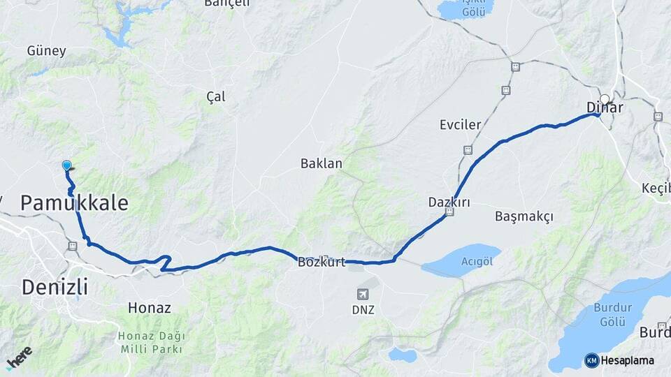 Denizli Pamukkale Karahayıt Dinar Afyonkarahisar Arası Kaç Km - Yol Haritası