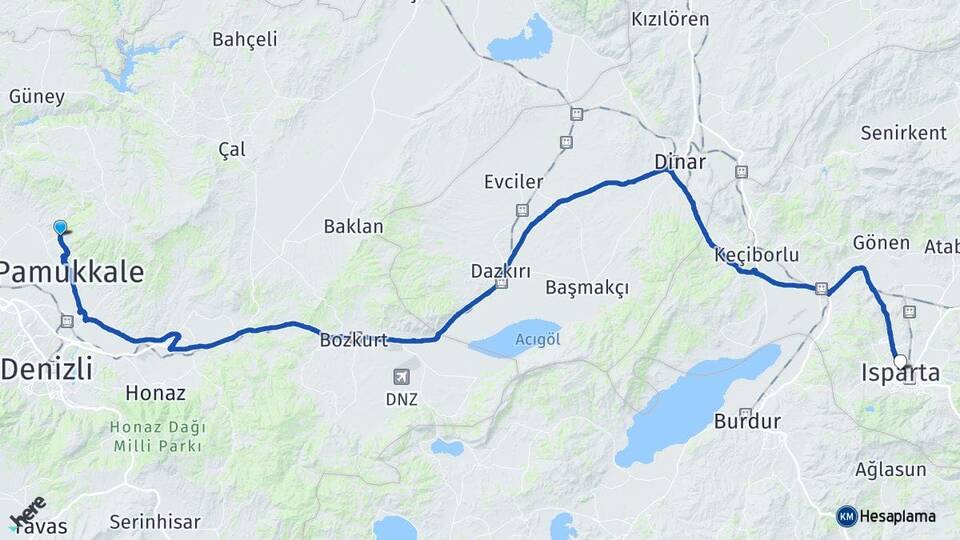 Denizli Pamukkale Karahayıt Isparta Arası Kaç Km - Yol Haritası