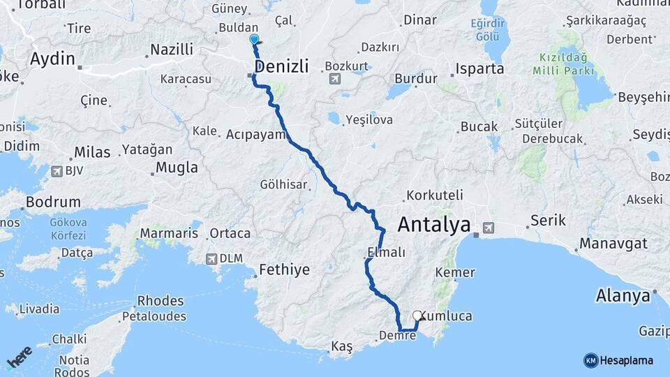 Denizli Pamukkale Karahayıt Kumluca Antalya Arası Kaç Km - Yol Haritası