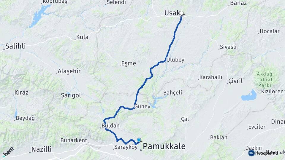 Denizli Pamukkale Karahayıt Uşak Arası Kaç Km - Yol Haritası