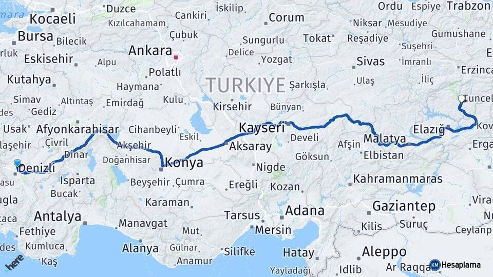 Denizli Pamukkale Tunceli Arası Kaç Km - Yol Haritası