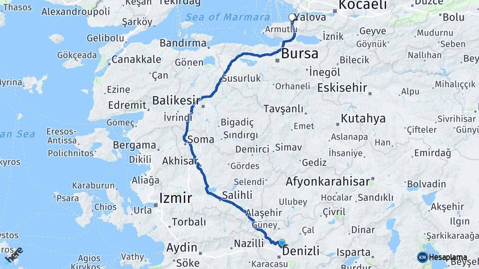 Denizli Pamukkale Yalova Arası Kaç Km - Yol Haritası