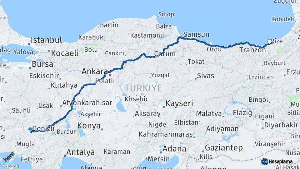 Denizli Rize Arası Kaç Km - Yol Haritası