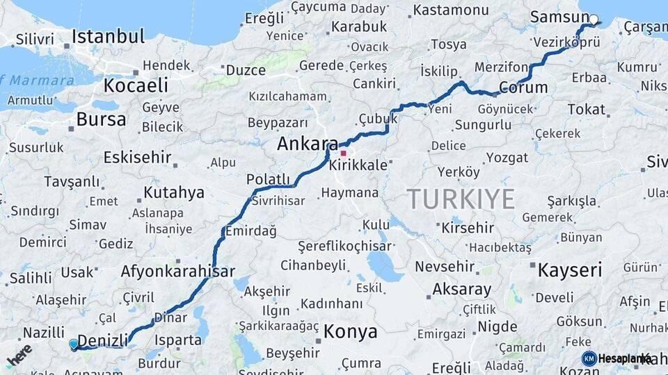 Denizli Samsun Arası Kaç Km - Yol Haritası