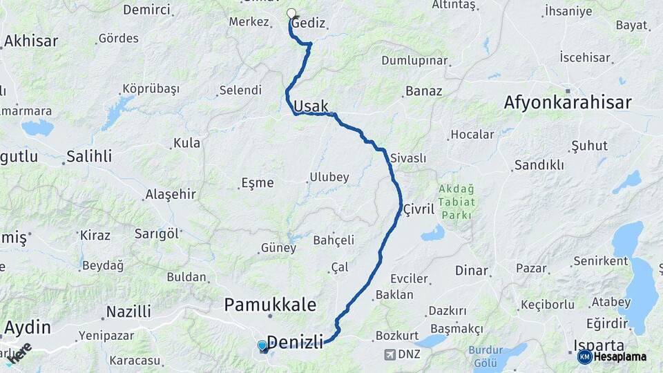 Denizli Şaphane Kütahya Arası Kaç Km - Yol Haritası