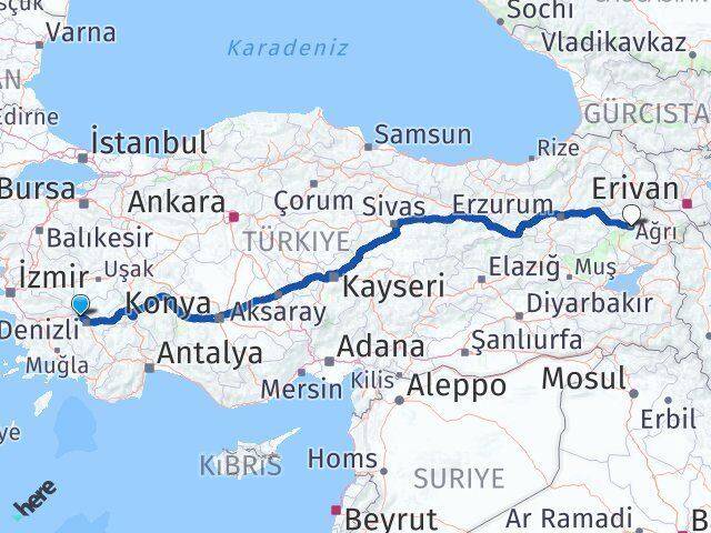 Denizli Sarayköy Ağrı Arası Kaç Km - Yol Haritası