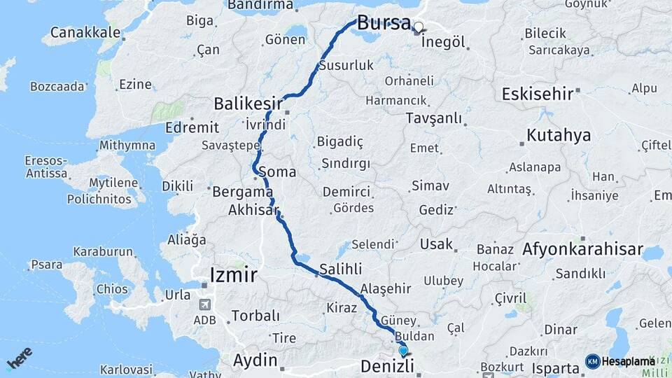 Denizli Sarayköy Bursa Arası Kaç Km - Yol Haritası