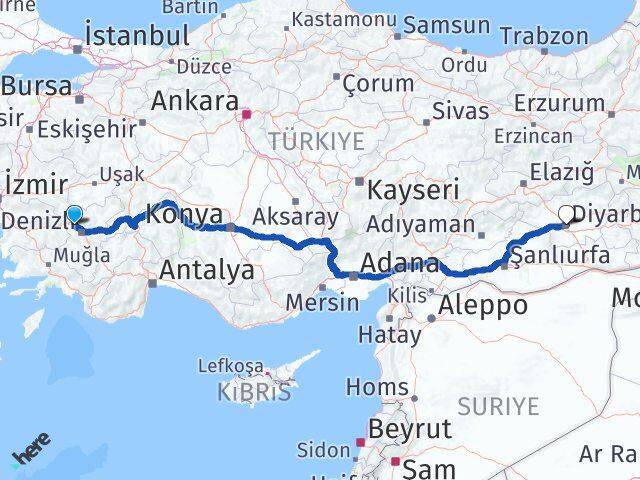 Denizli Sarayköy Diyarbakır Arası Kaç Km - Yol Haritası