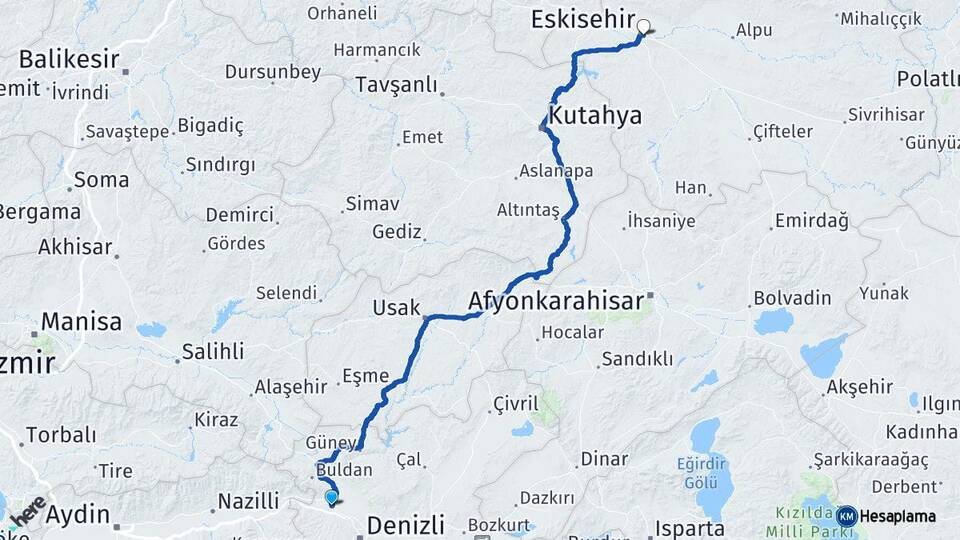 Denizli Sarayköy Eskişehir Arası Kaç Km - Yol Haritası