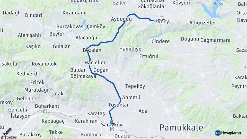 Denizli Sarayköy Güney Arası Kaç Km - Yol Haritası