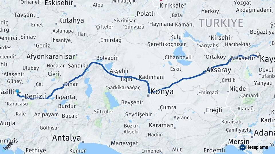 Denizli Sarayköy Kayseri Arası Kaç Km - Yol Haritası