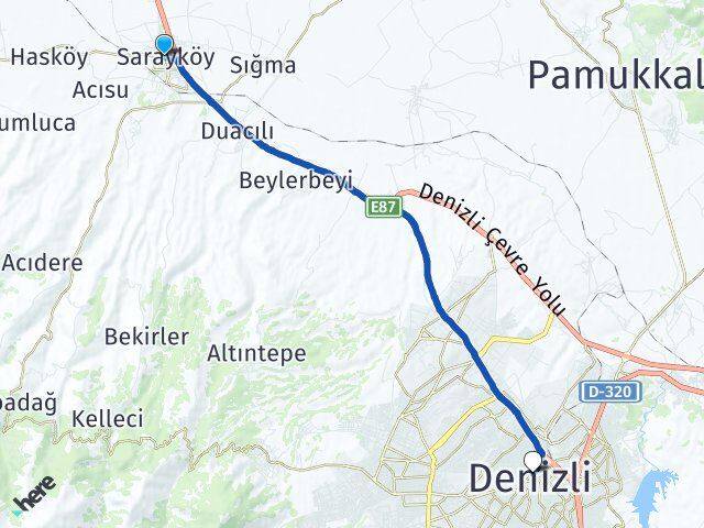 Denizli Sarayköy Merkezefendi Arası Kaç Km - Yol Haritası