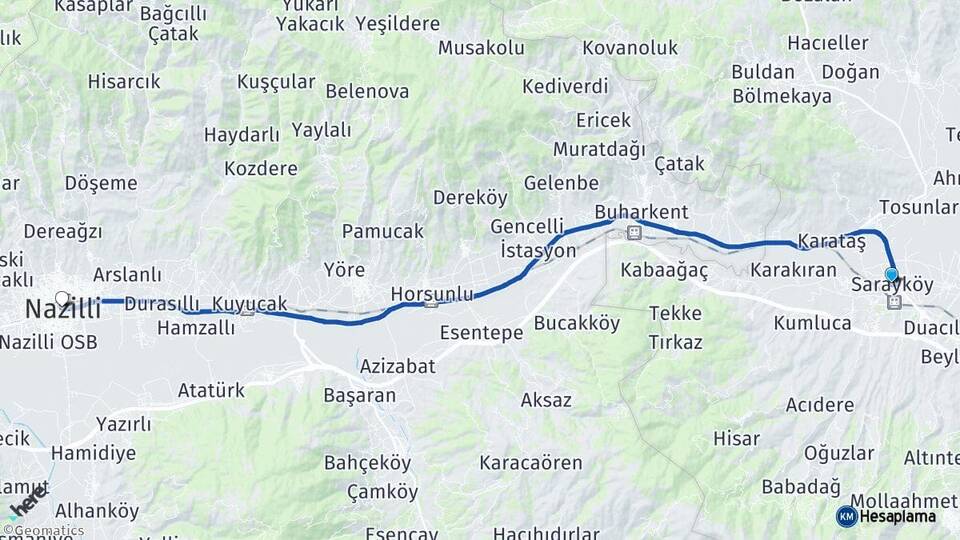 Denizli Sarayköy Nazilli Aydın Arası Kaç Km - Yol Haritası