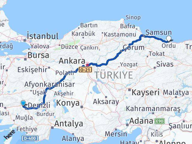 Denizli Sarayköy Ordu Arası Kaç Km - Yol Haritası