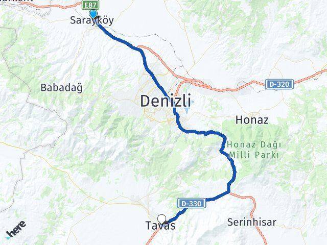 Denizli Sarayköy Tavas Arası Kaç Km - Yol Haritası
