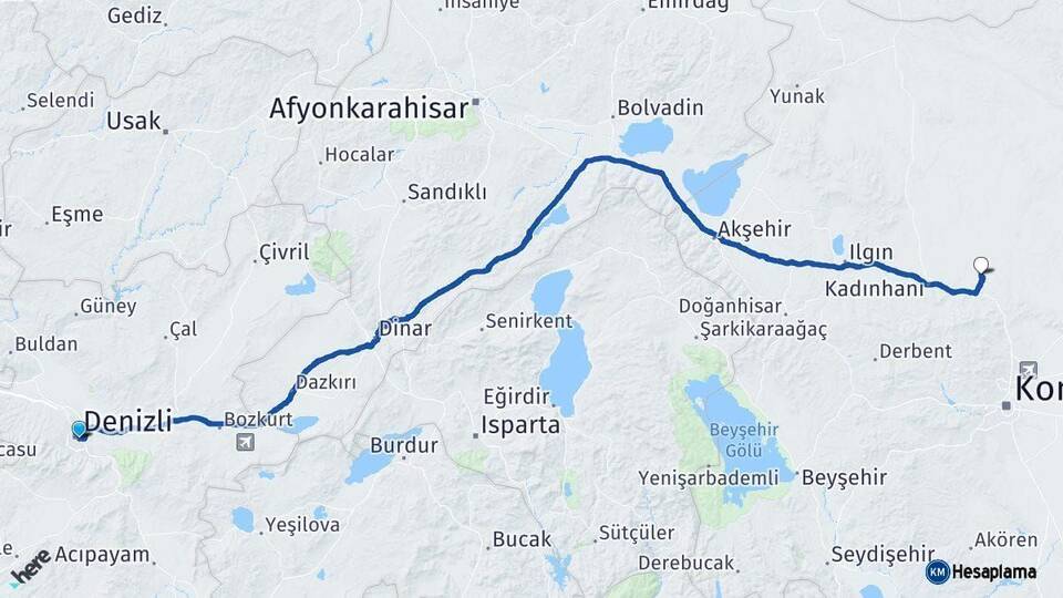 Denizli Sarayönü Konya Arası Kaç Km - Yol Haritası