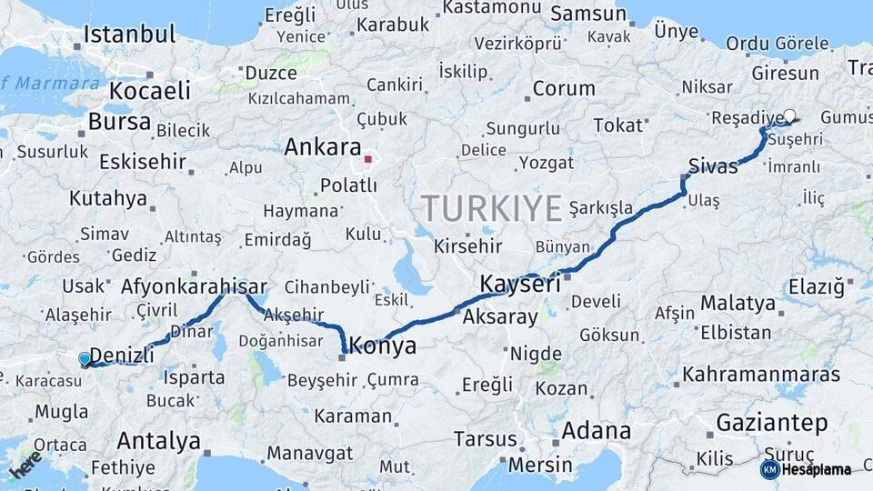 Denizli Şebinkarahisar Giresun Arası Kaç Km - Yol Haritası