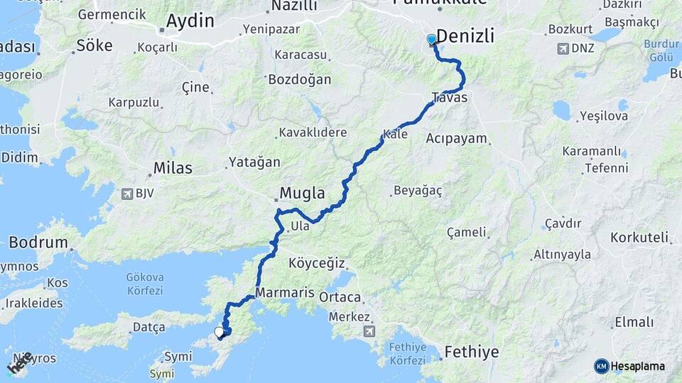 Denizli Selimiye Marmaris Muğla Arası Kaç Km - Yol Haritası