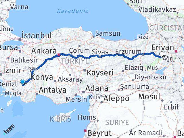 Denizli Serinhisar Ağrı Arası Kaç Km - Yol Haritası