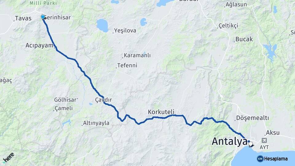 Denizli Serinhisar Antalya Arası Kaç Km - Yol Haritası