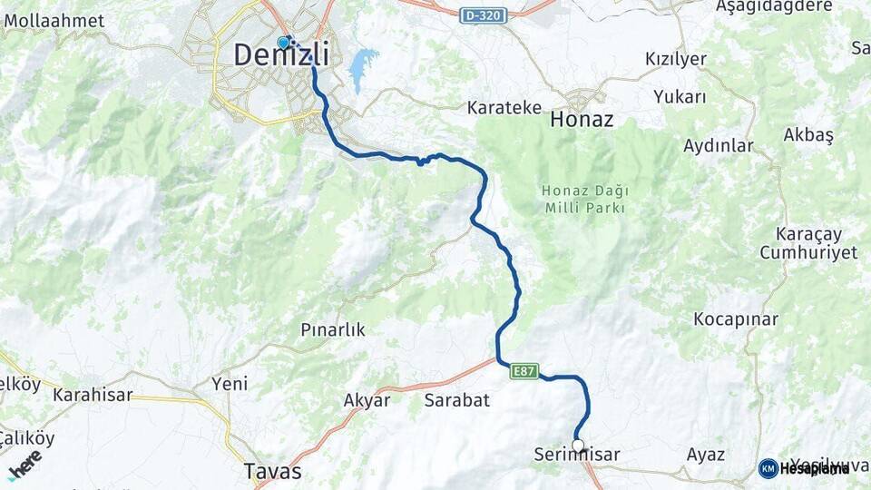 Denizli Serinhisar Arası Kaç Km - Yol Haritası