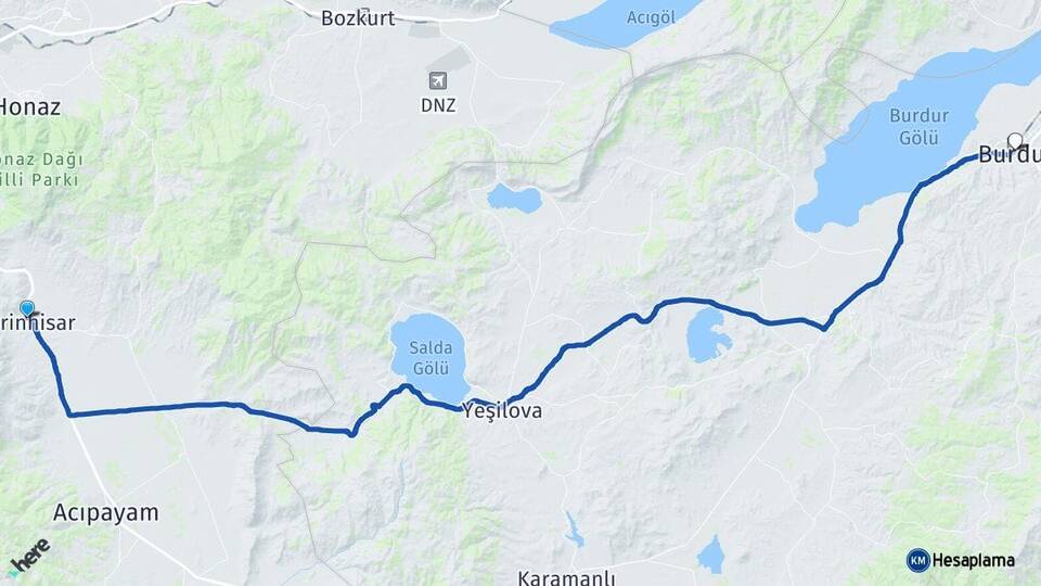 Denizli Serinhisar Burdur Arası Kaç Km - Yol Haritası