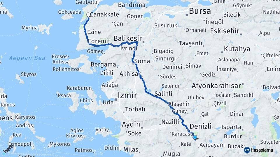 Denizli Serinhisar Çanakkale Arası Kaç Km - Yol Haritası